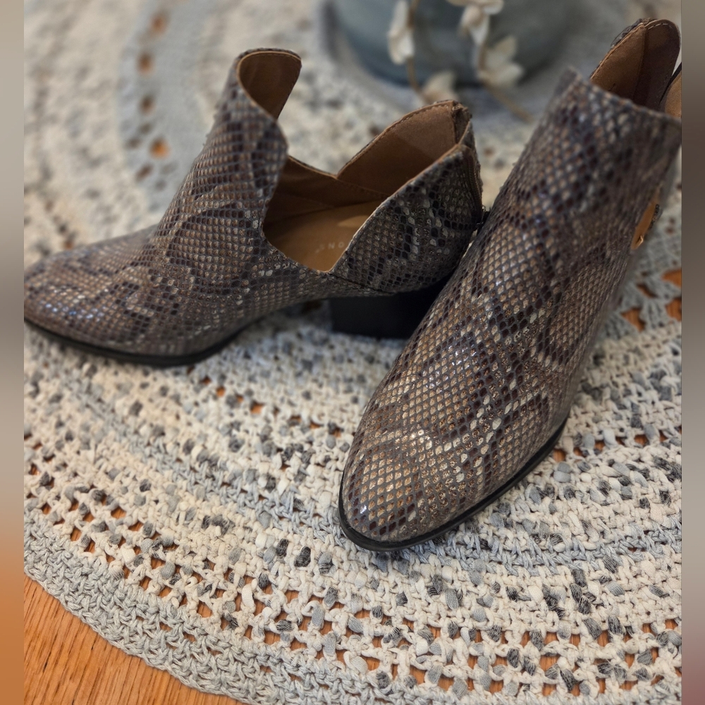 New Directions Brown Snakeskin Ankle Booties